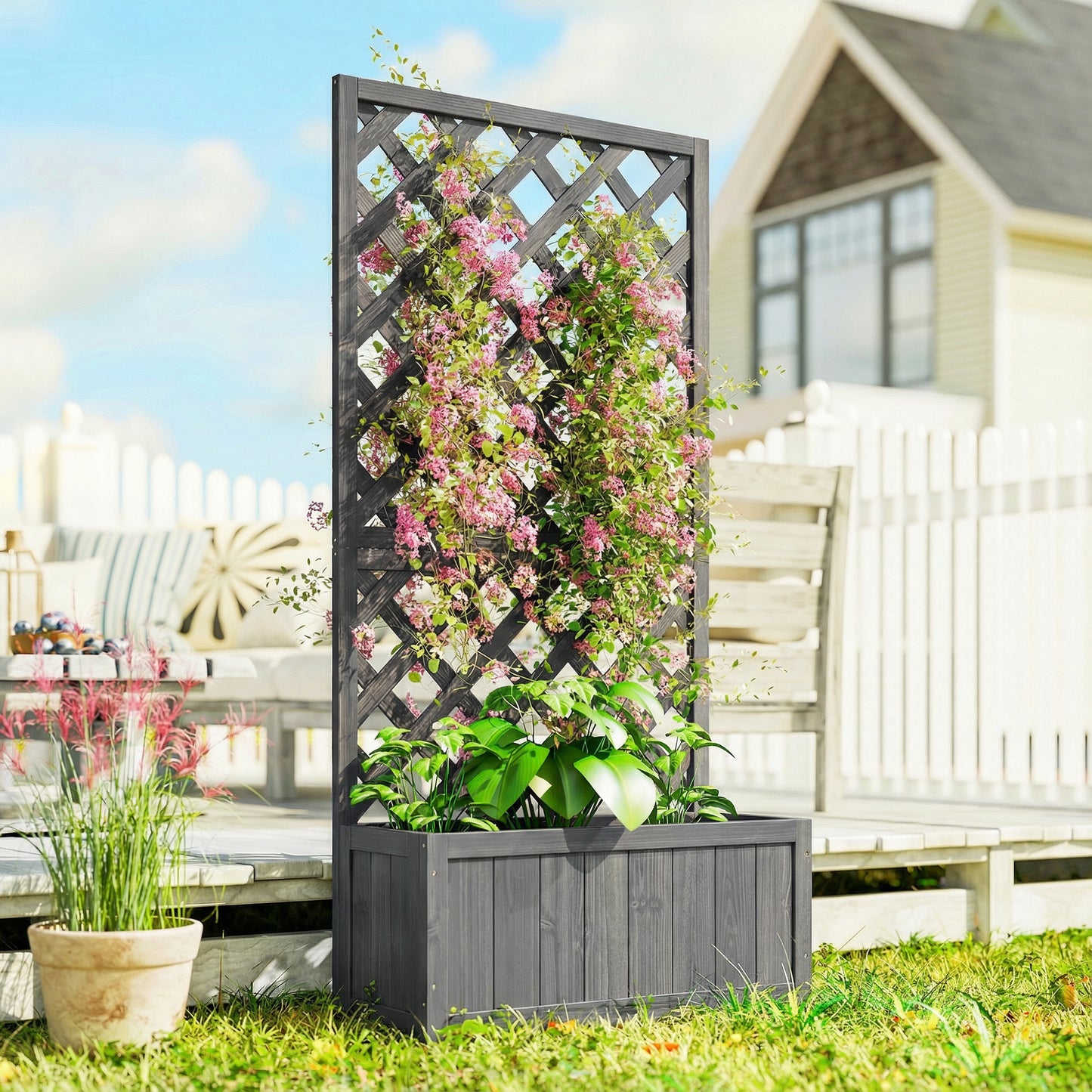 Wood Planter with Trellis for Climbing Plants, Raised Bed