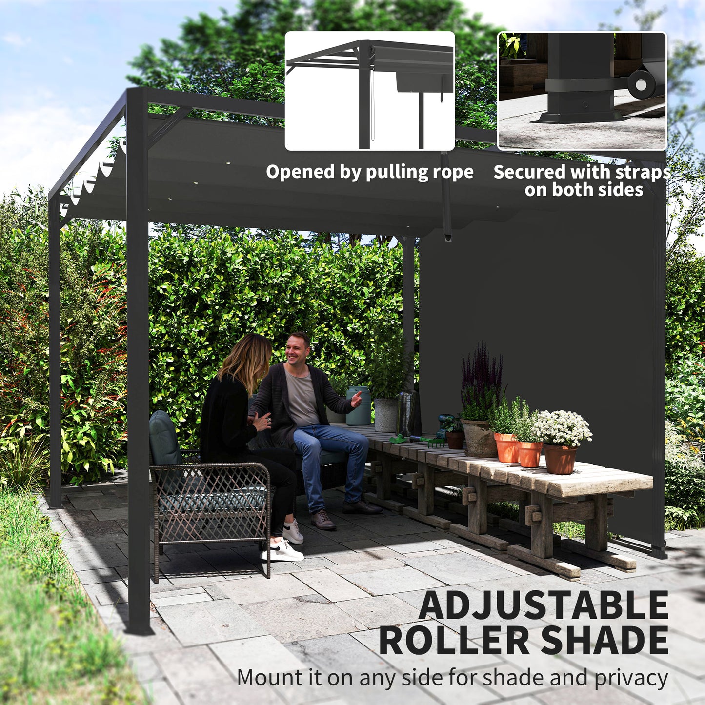 3 x 3m Aluminium Pergola, with Retractable Roof and Wall