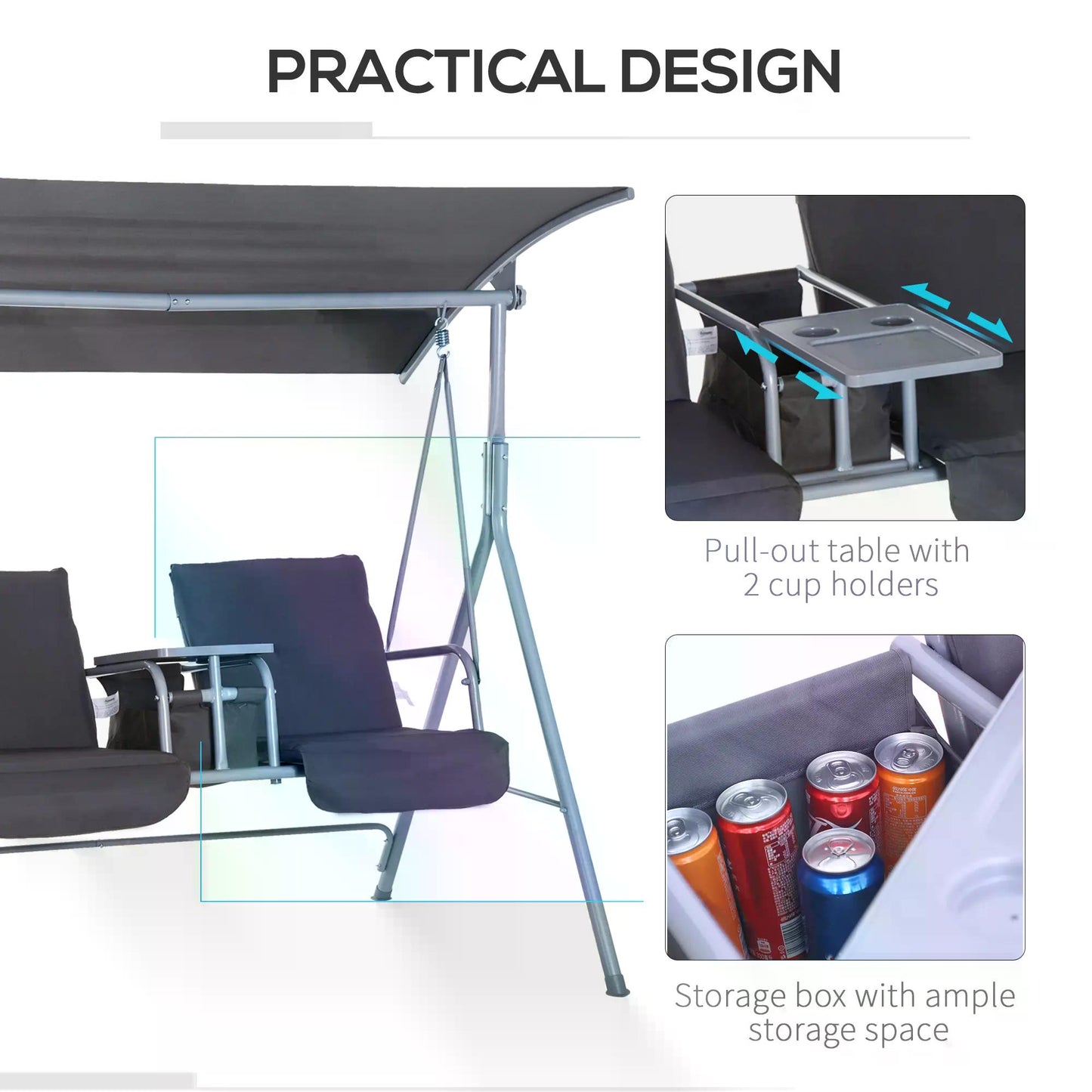 Steel Frame 2-Seater  Swing Chair w/ Table