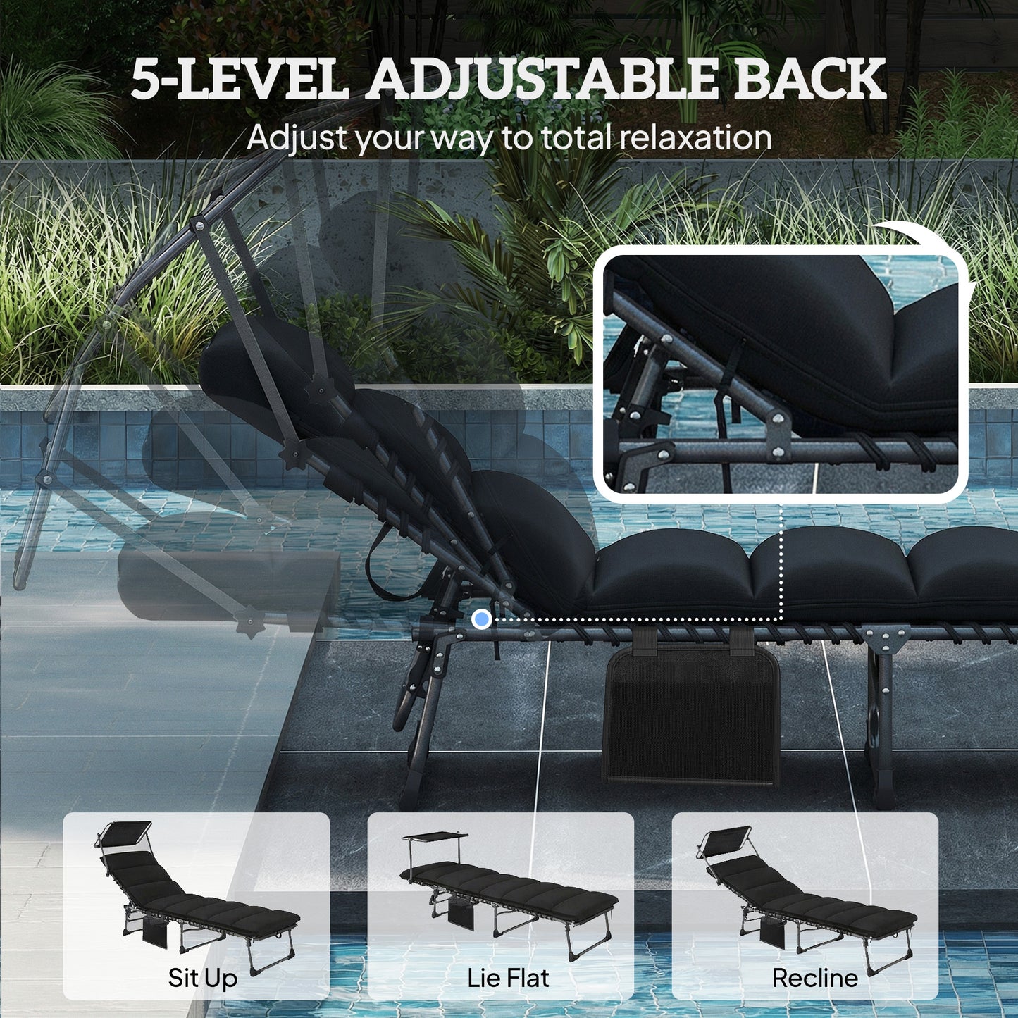 Folding Sun Lounger with Canopy, Reclining Sunbed with Cushion