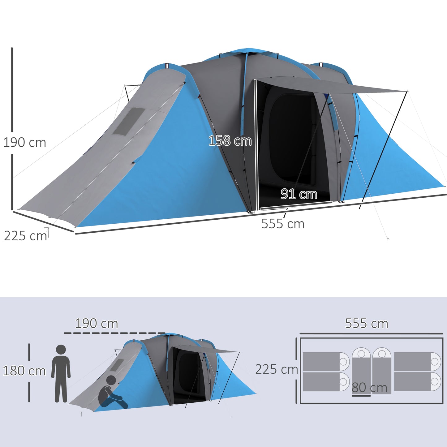 Large Camping Tent Tunnel Tent with 2 Bedroom and Living Area