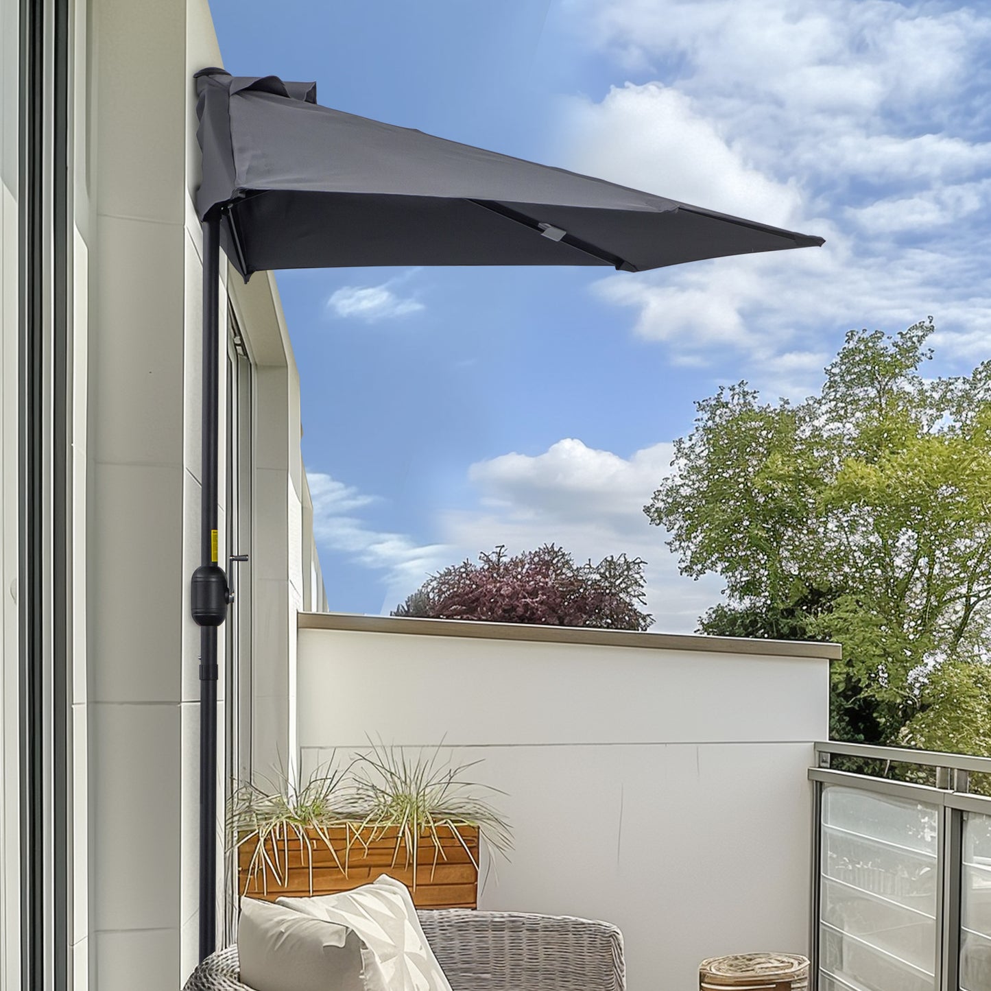 2.7m Garden Half Parasol, Outdoor Balcony Umbrella with 5 Steel Ribs