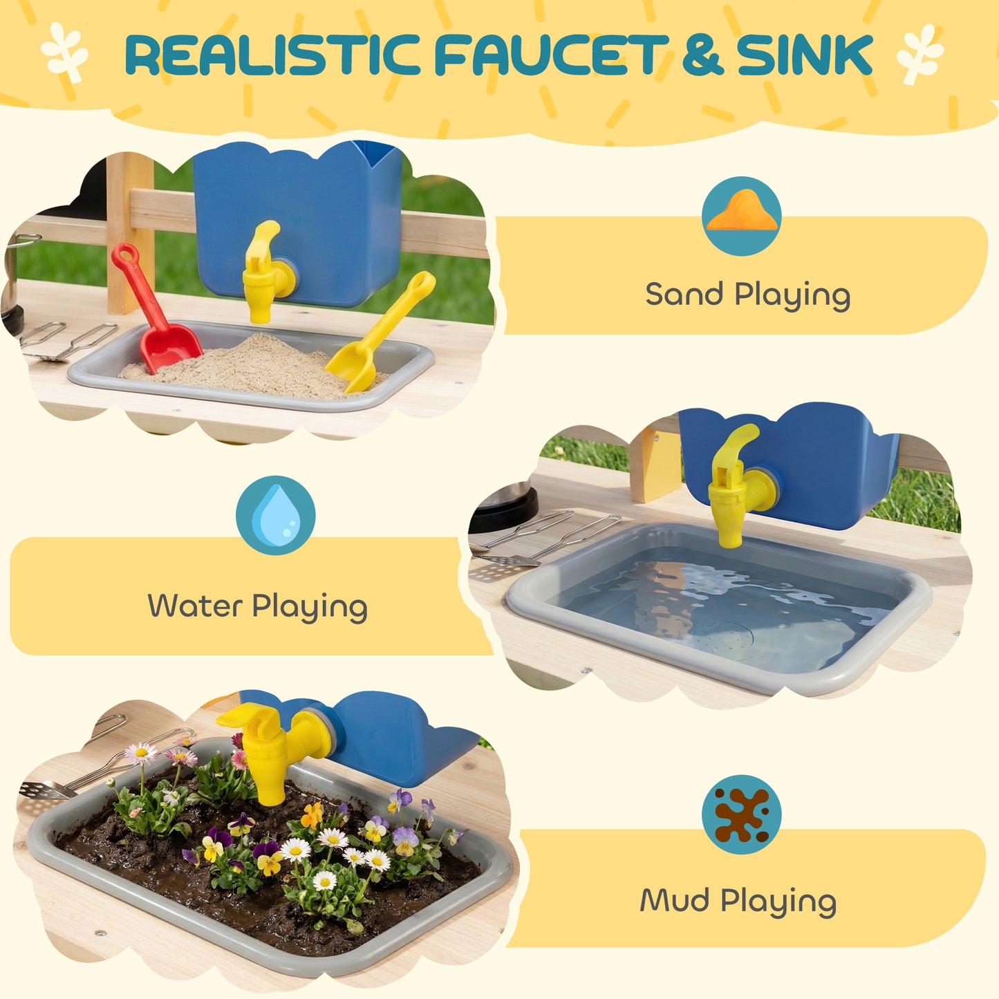 Mud Kitchen with Real Water Faucet Pretend Play Kitchen Playset
