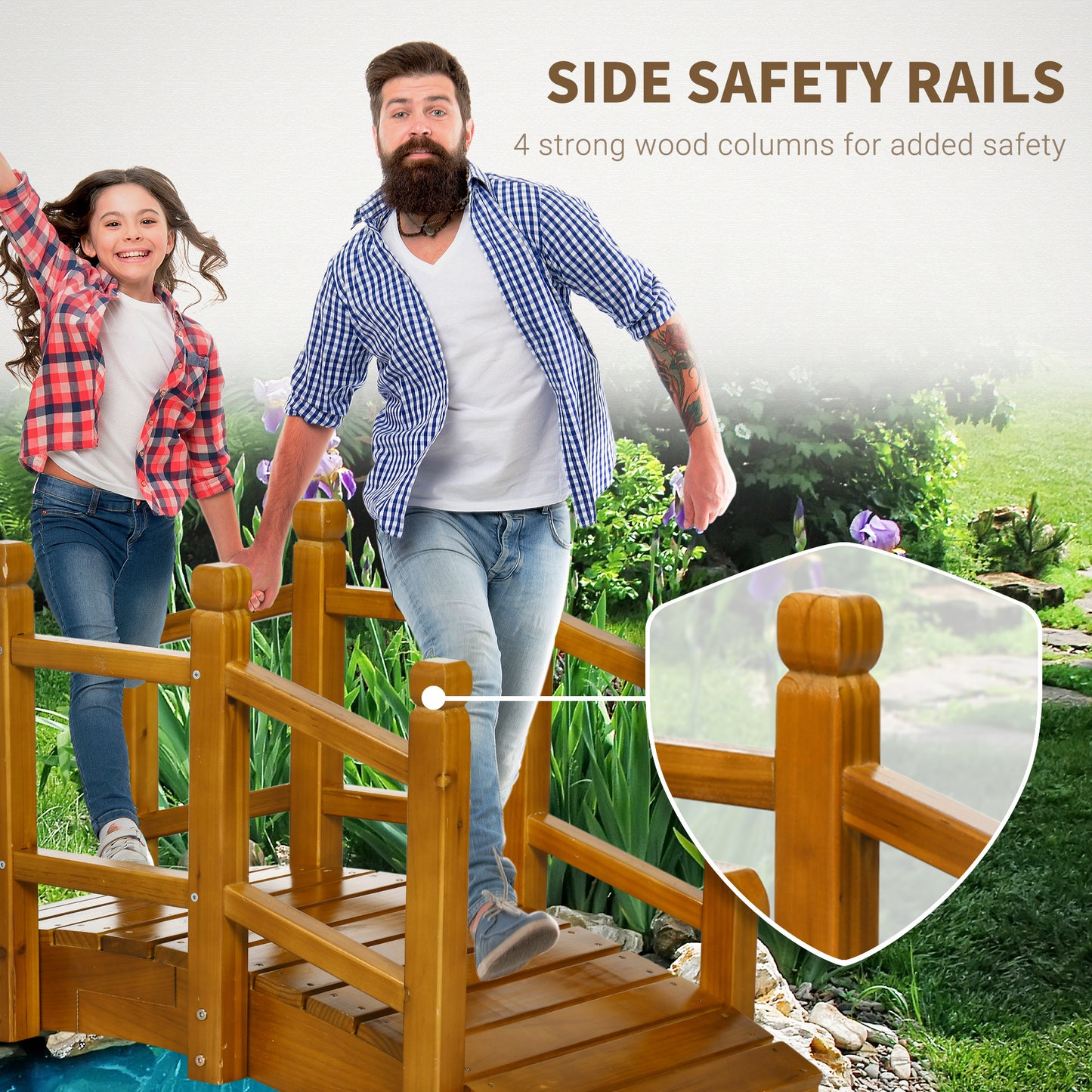 Wooden Garden Bridge with Safety Railings