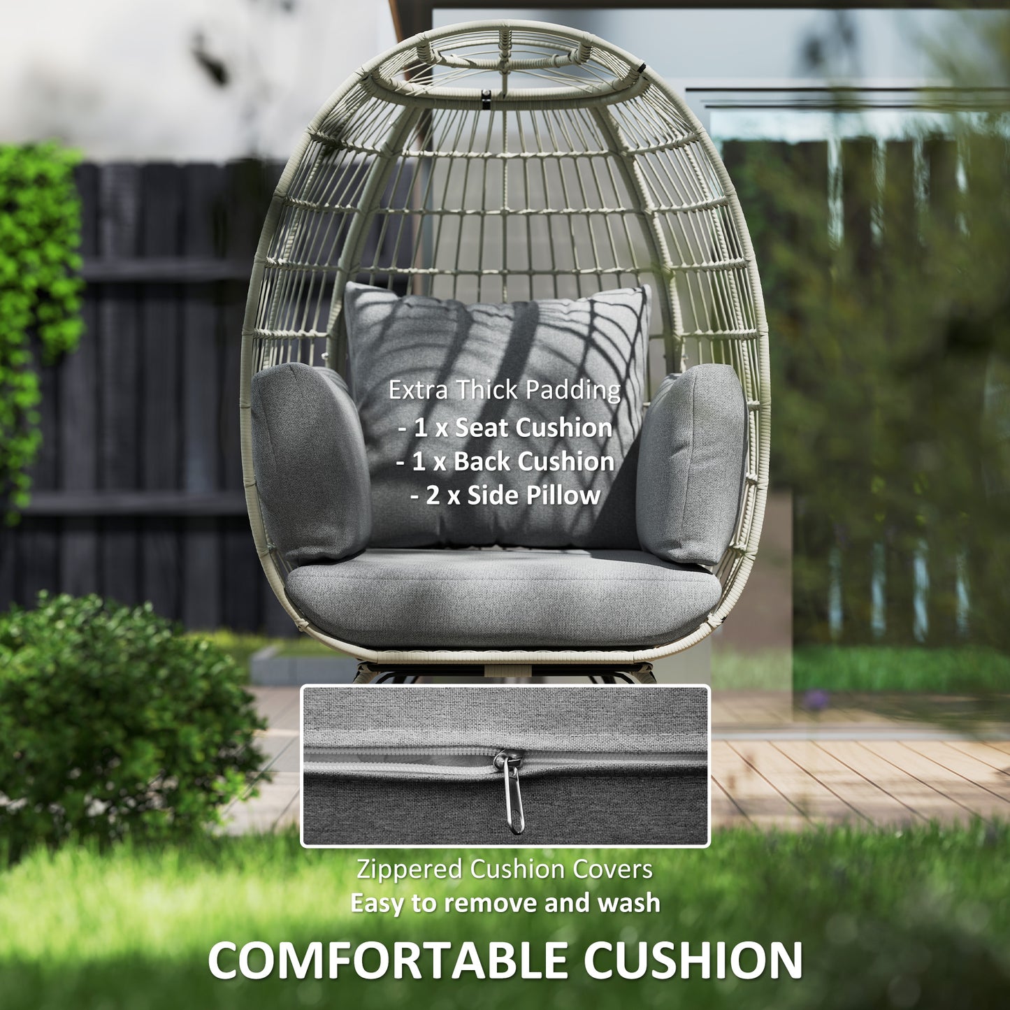 Rattan Egg Chair with Cushions and Pillows