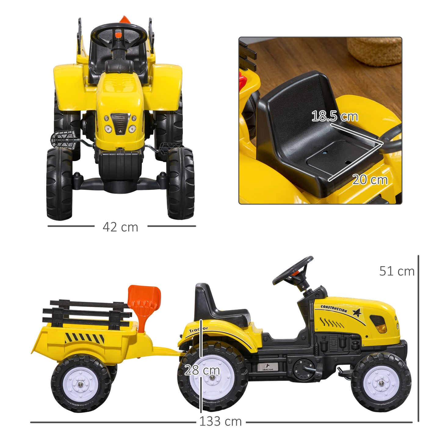 Kids Ride on Tractor with Back Trailer, Shovel & Rake, Horn