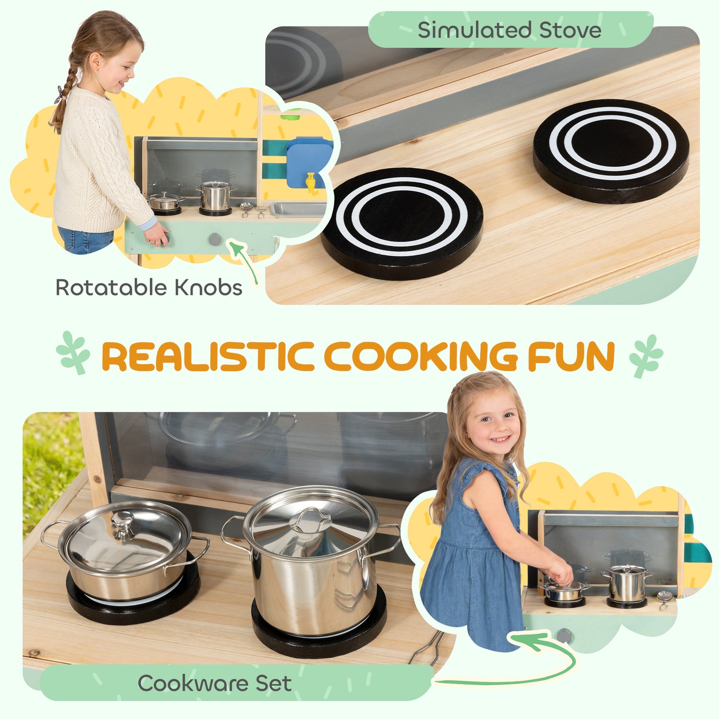 Mud Kitchen with Working Faucet, Kids Play Kitchen with Flower Pots