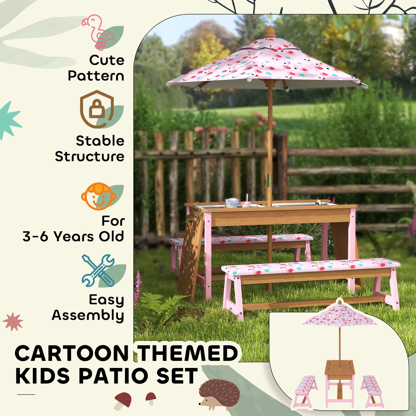 Kids Picnic Table Set with Removable & Foldable Umbrella, Cushions