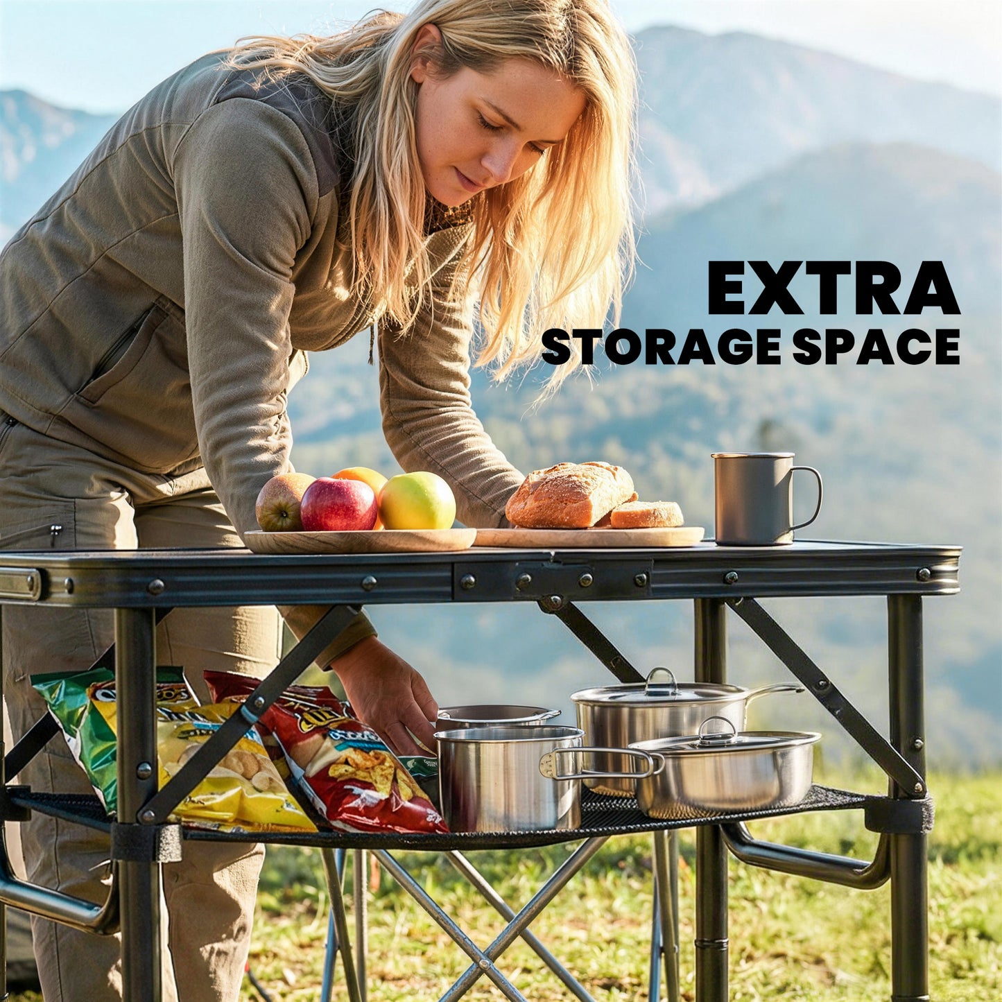 2ft Folding Camping Table, Picnic Table with Mesh Storage Layer