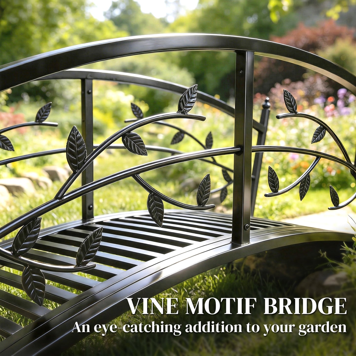 1.2M Metal Garden Bridge with Safety Railings, Outdoor Pond Bridge