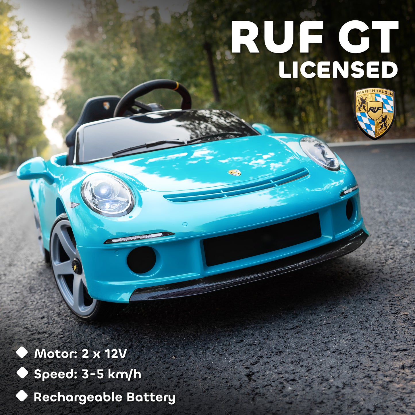 Kids Electric Car, 12V Licensed RUF GT Ride on Car with Suspension