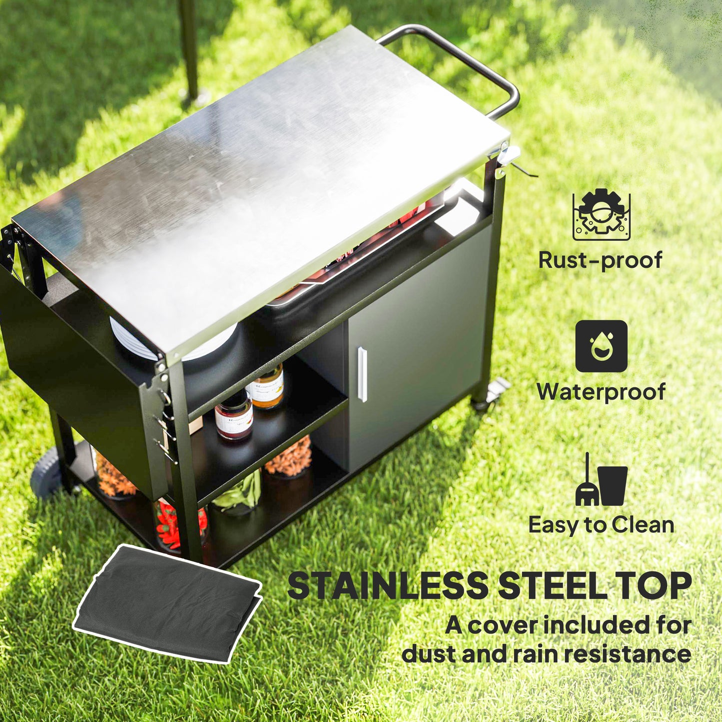 Outdoor BBQ Trolley with Foldable Side Table, Stainless Steel Top