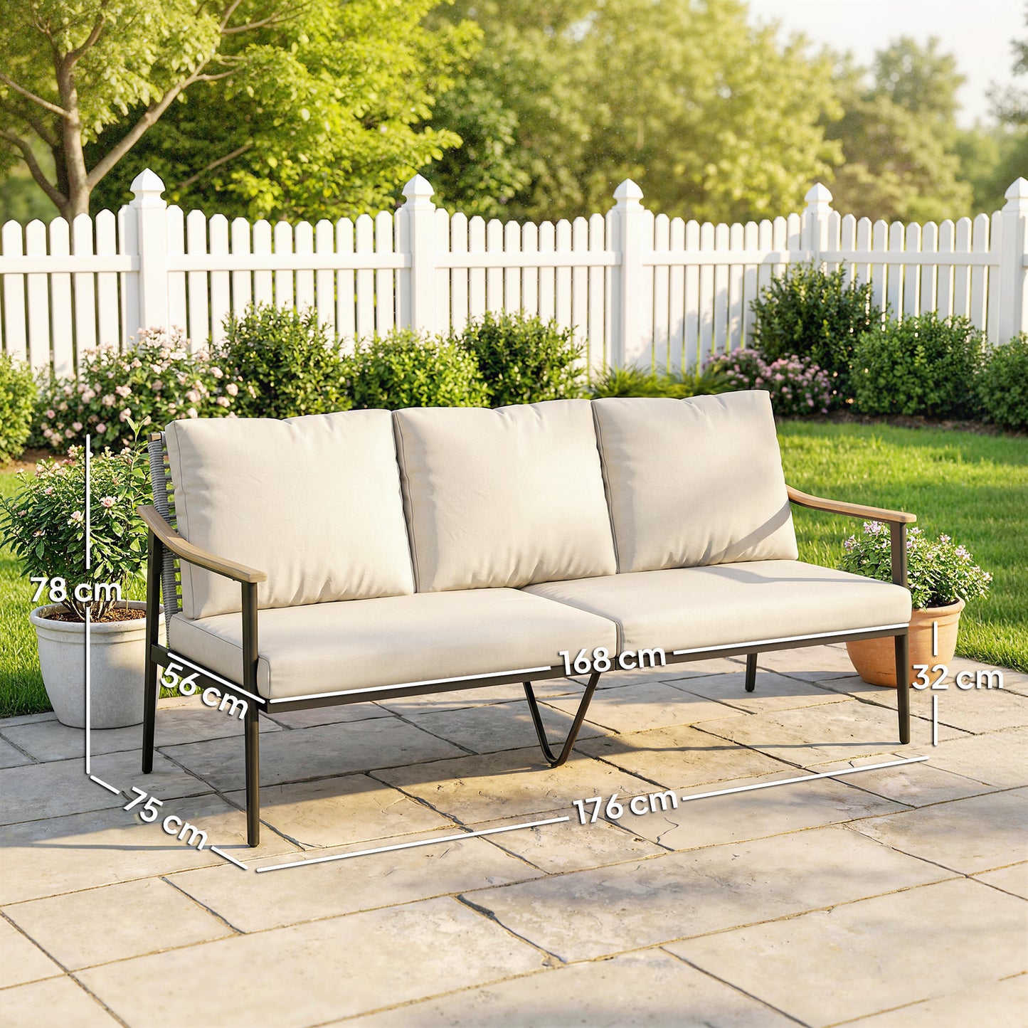 3 Seater Rattan Sofa, Outdoor Garden Sofa with Wood-Effect Armrests