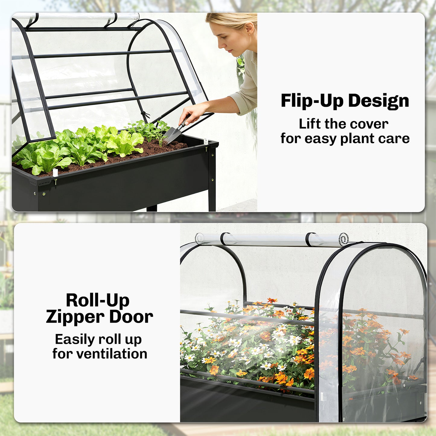 Raised Planter with Flip-Up Greenhouse Cover