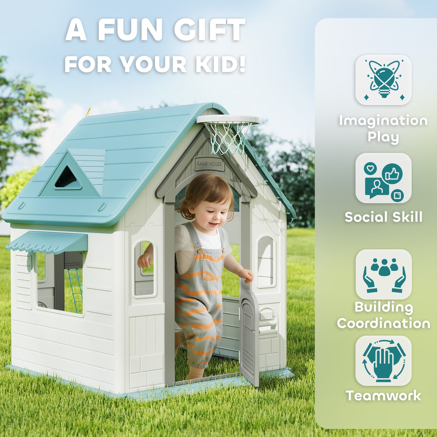 5-in-1 Playhouse for Kids Outdoor Indoor with Basketball Hoop
