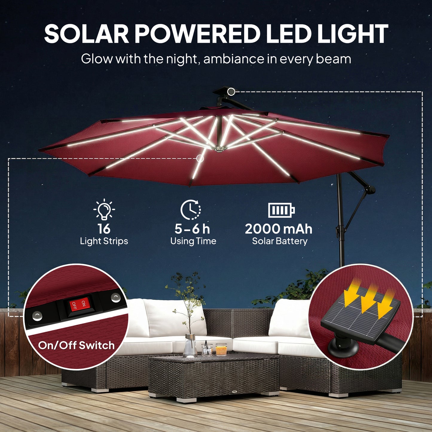 3 m Garden Cantilever Parasol with LED Solar Light
