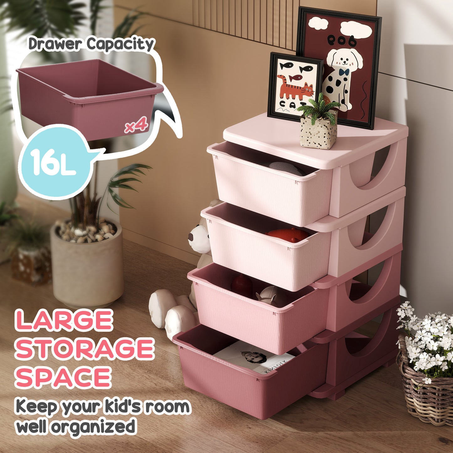Four-Tier Kids Storage Boxes, with Four Drawers