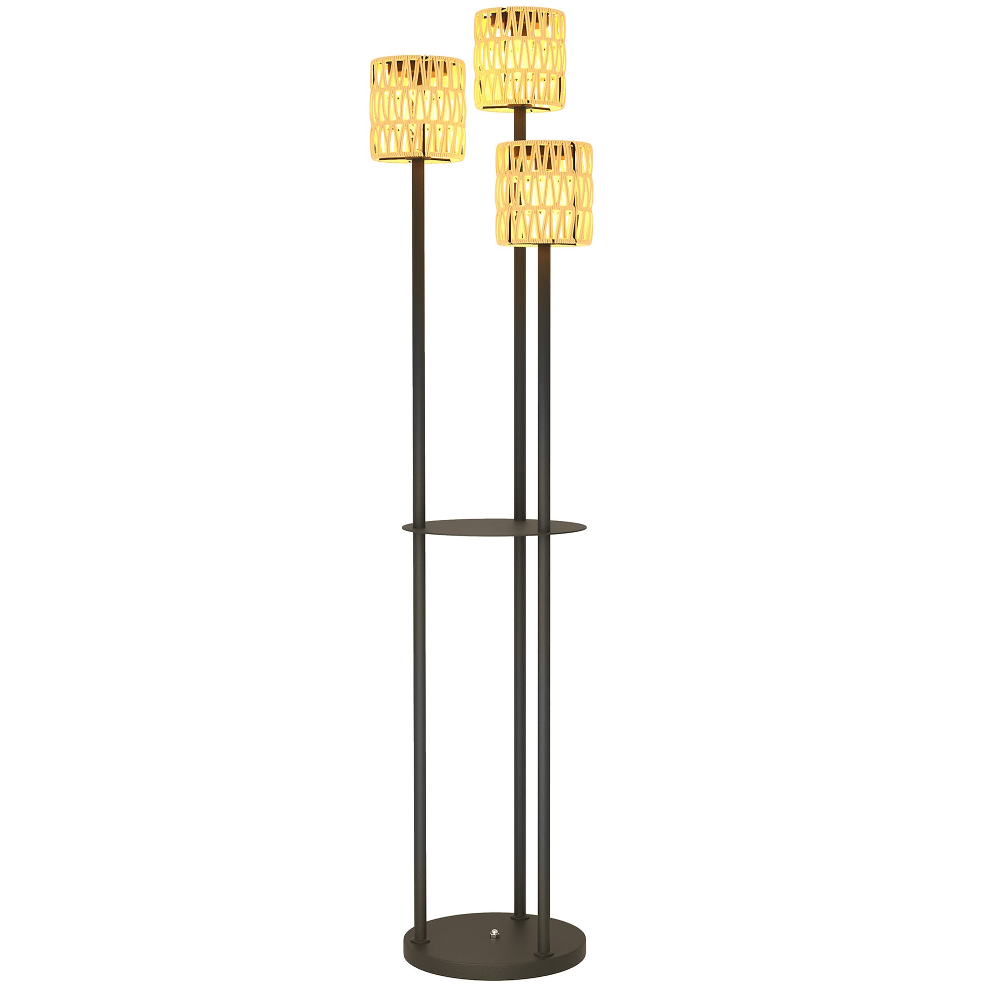 Boho Rattan Floor Lamp, 3-Lights Rattan Lamp with Shelf