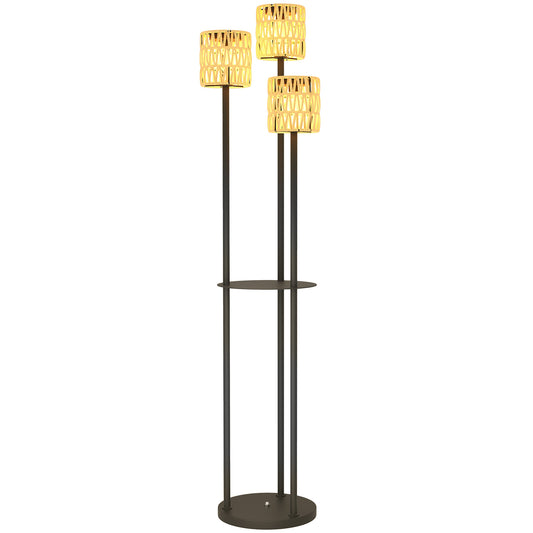 Boho Rattan Floor Lamp, 3-Lights Rattan Lamp with Shelf