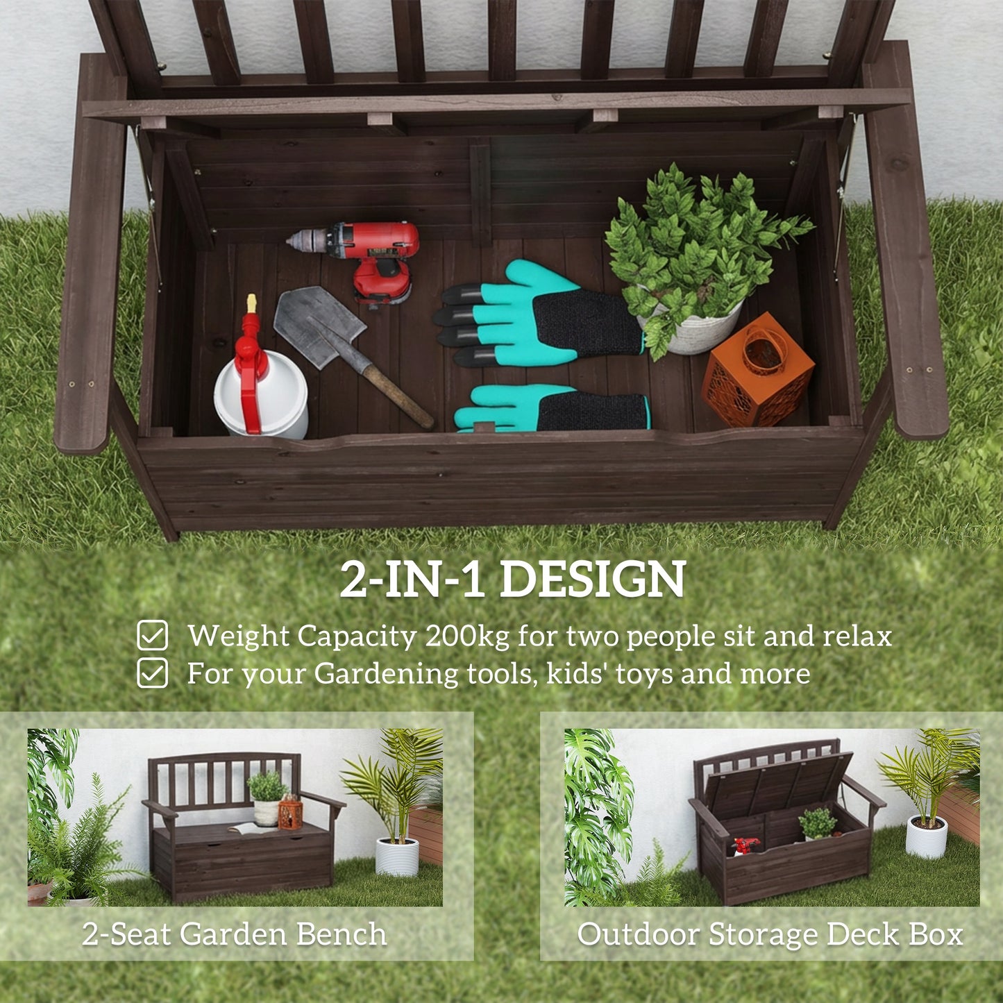 Outdoor 2 Seater Garden Bench, Wooden Bench with Storage, Backrest