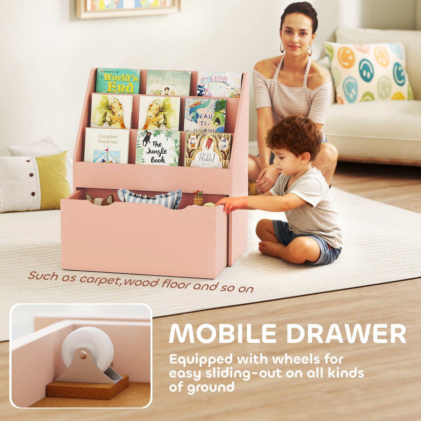 Bookcase for Kids with Shelves, Drawer, Bookcase for Bedroom, Playroom