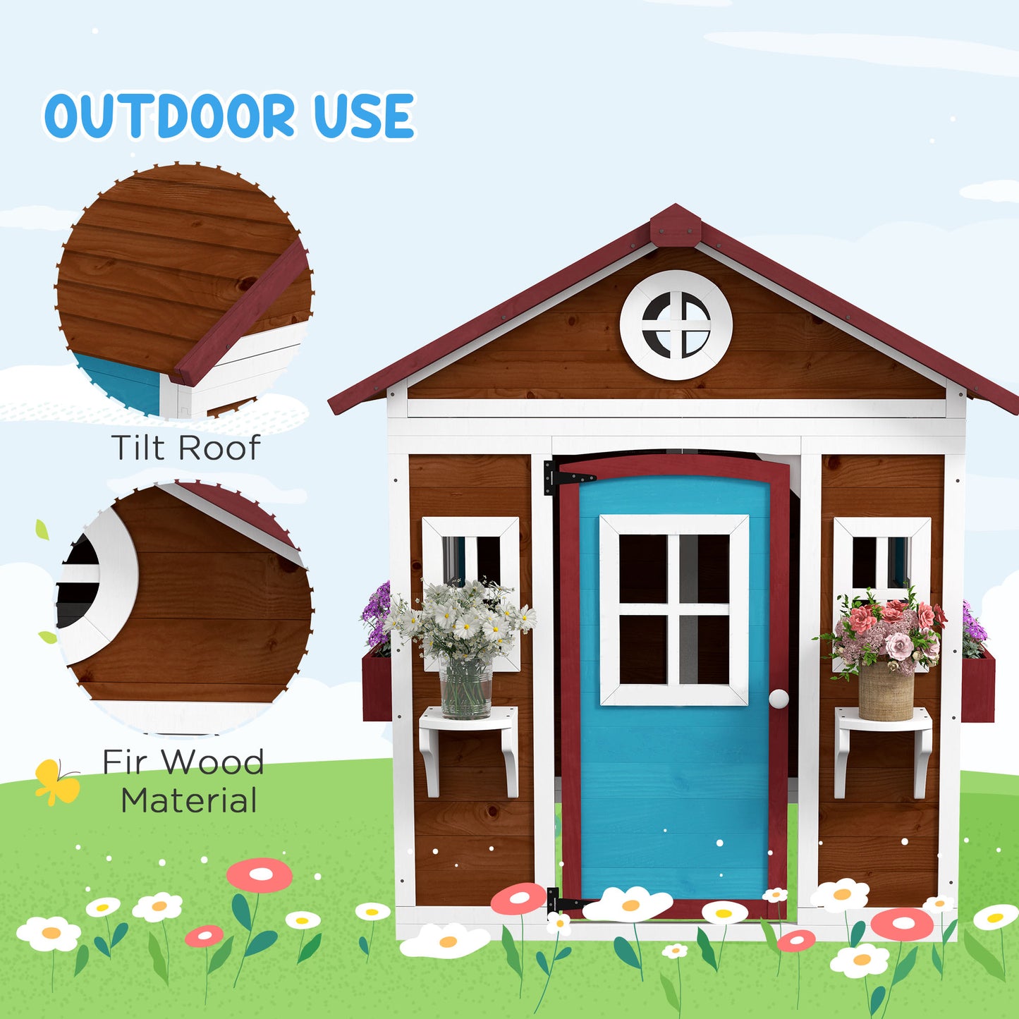 Wooden Playhouse with Doors, Windows, Plant Pots, Boxes, for 3-8 Years