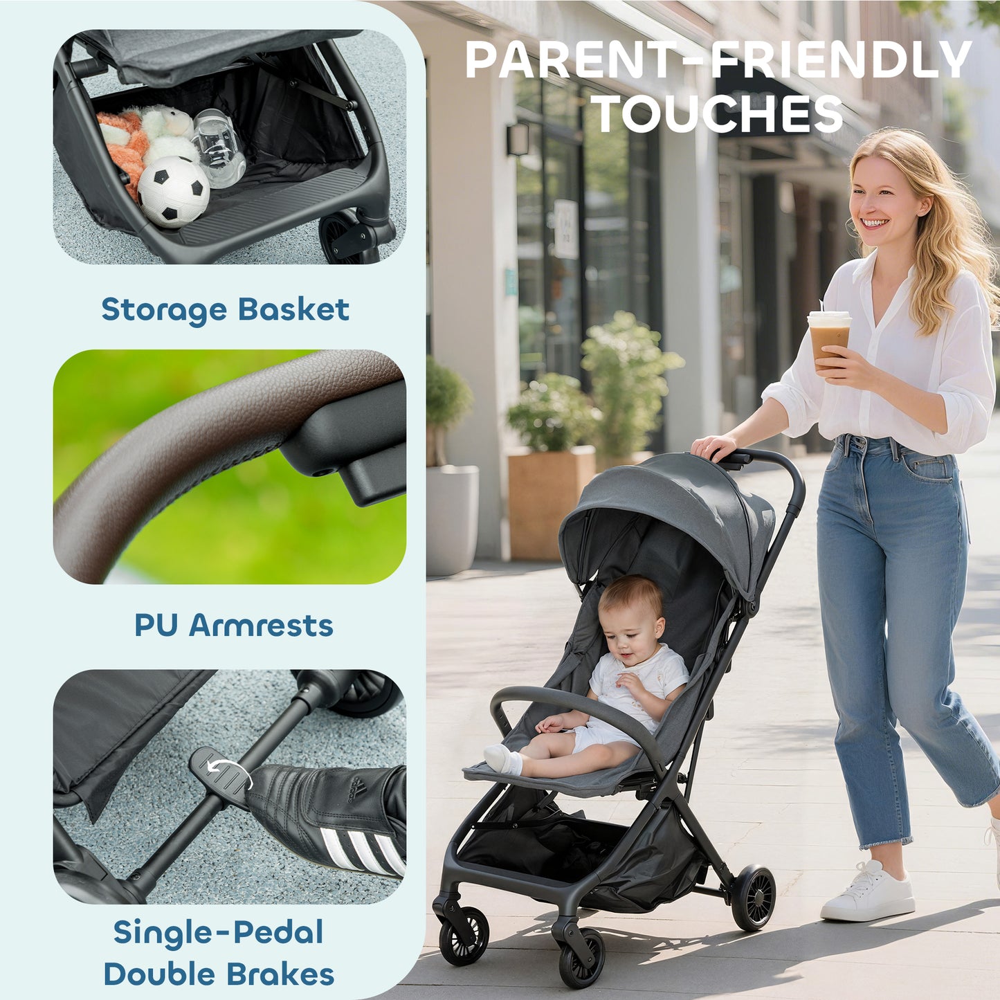 Foldable Baby Stroller with Adjustable Seat, 5-Point Harness, Canopy