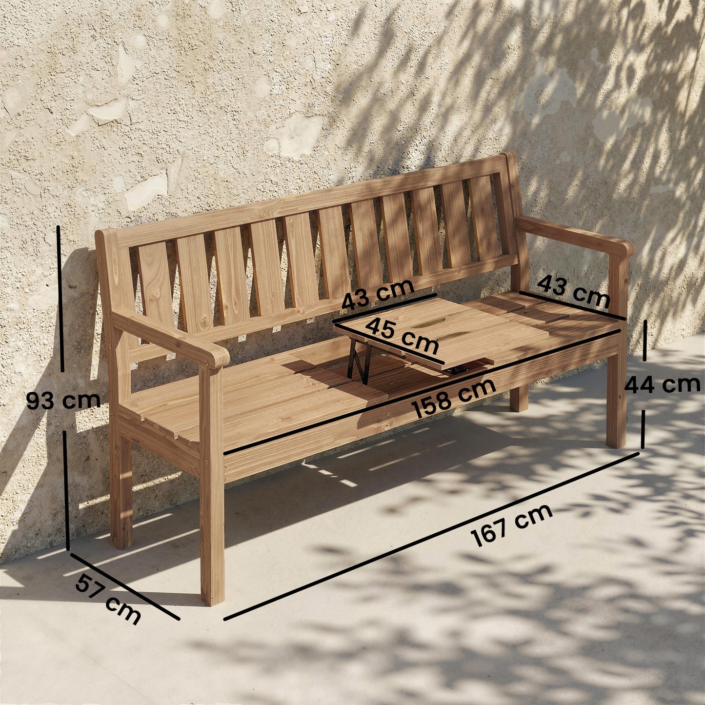Wooden Garden Bench with Liftable Table & Shelf