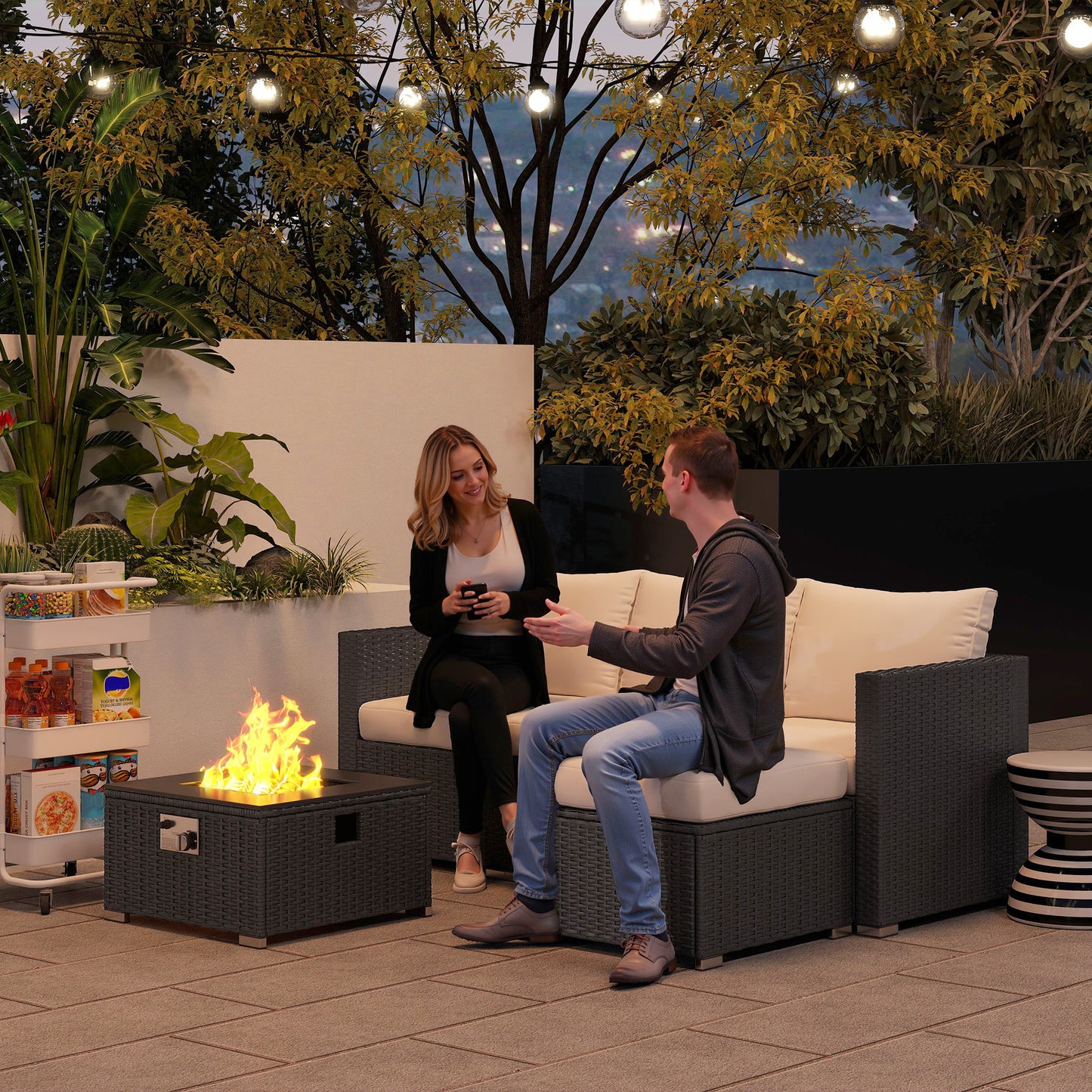 Five Piece Rattan Garden Furniture Set with Gas Fire Pit Table (2)