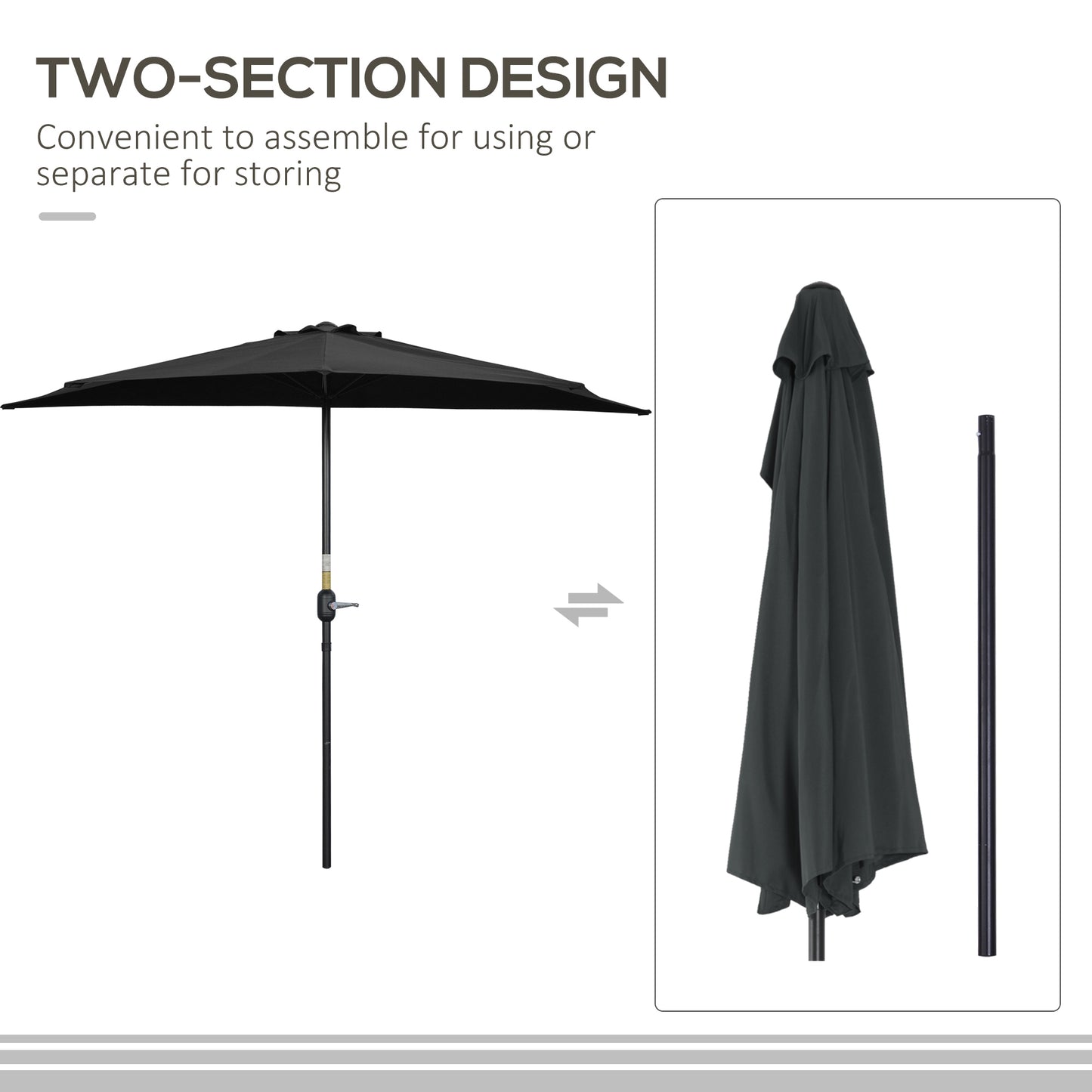 2.7m Garden Half Parasol, Outdoor Balcony Umbrella with 5 Steel Ribs