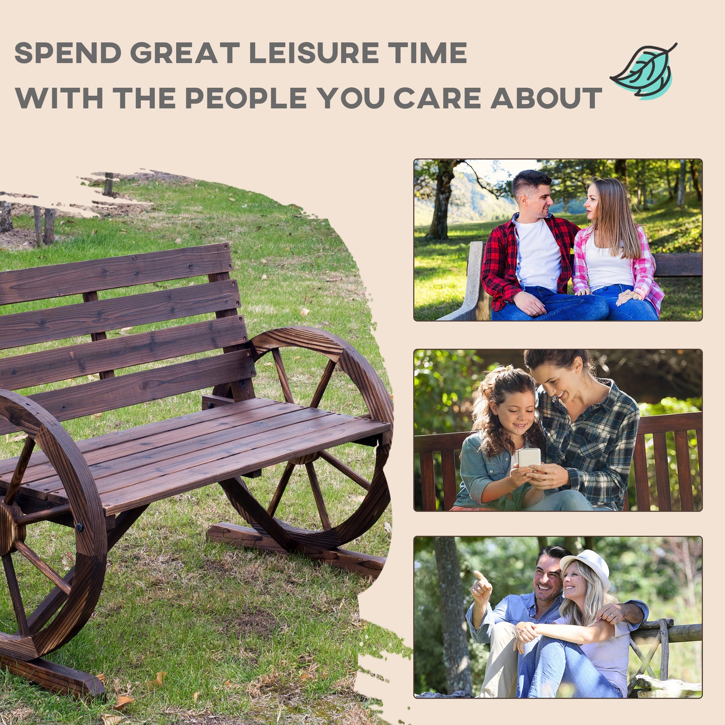 2 Seater Garden Bench with Wooden Cart Wagon Wheel Rustic High Back