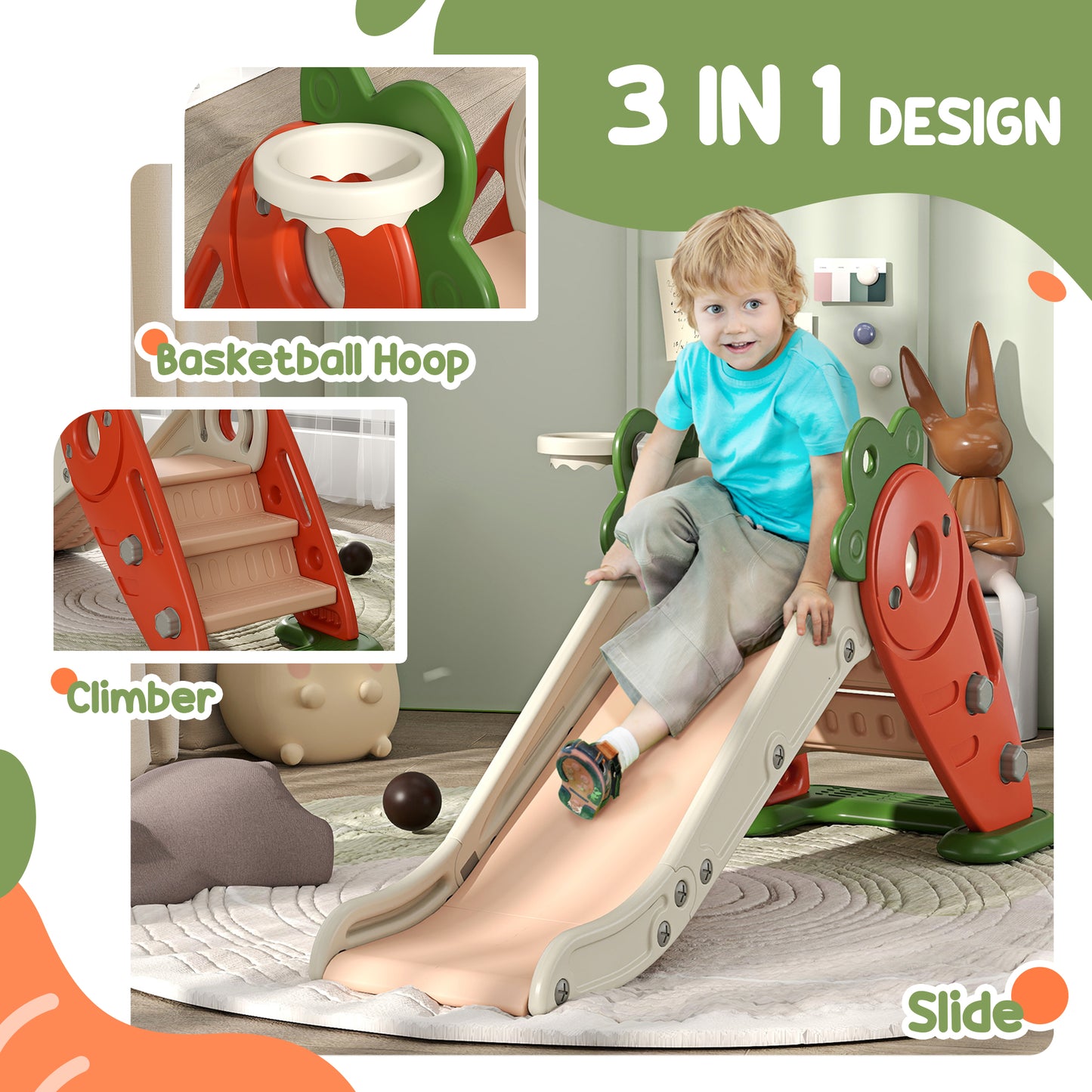 3 in 1 Foldable Toddler Slide with Basketball Hoop, Climber
