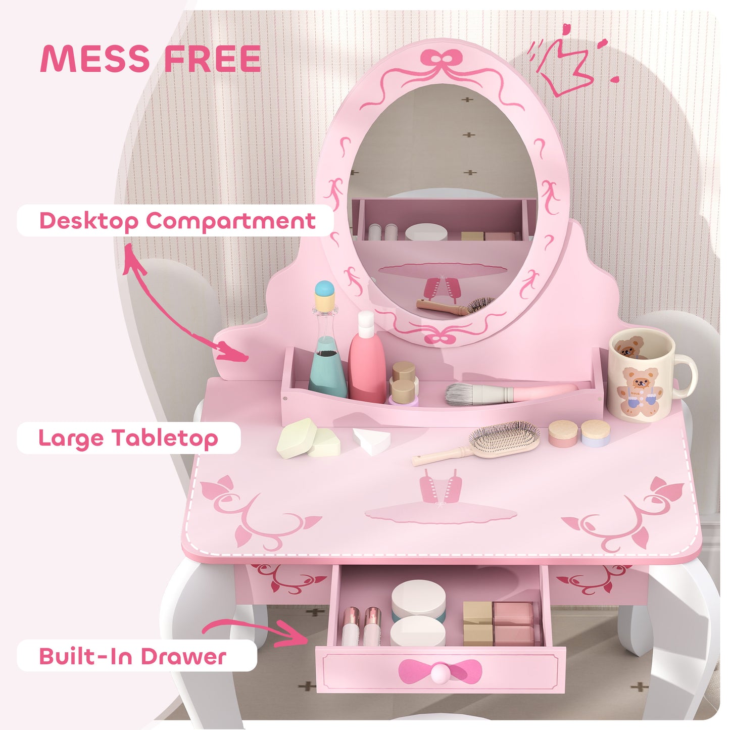 Kids Dressing Table Set, Vanity Table with Stool, Mirror, Drawer