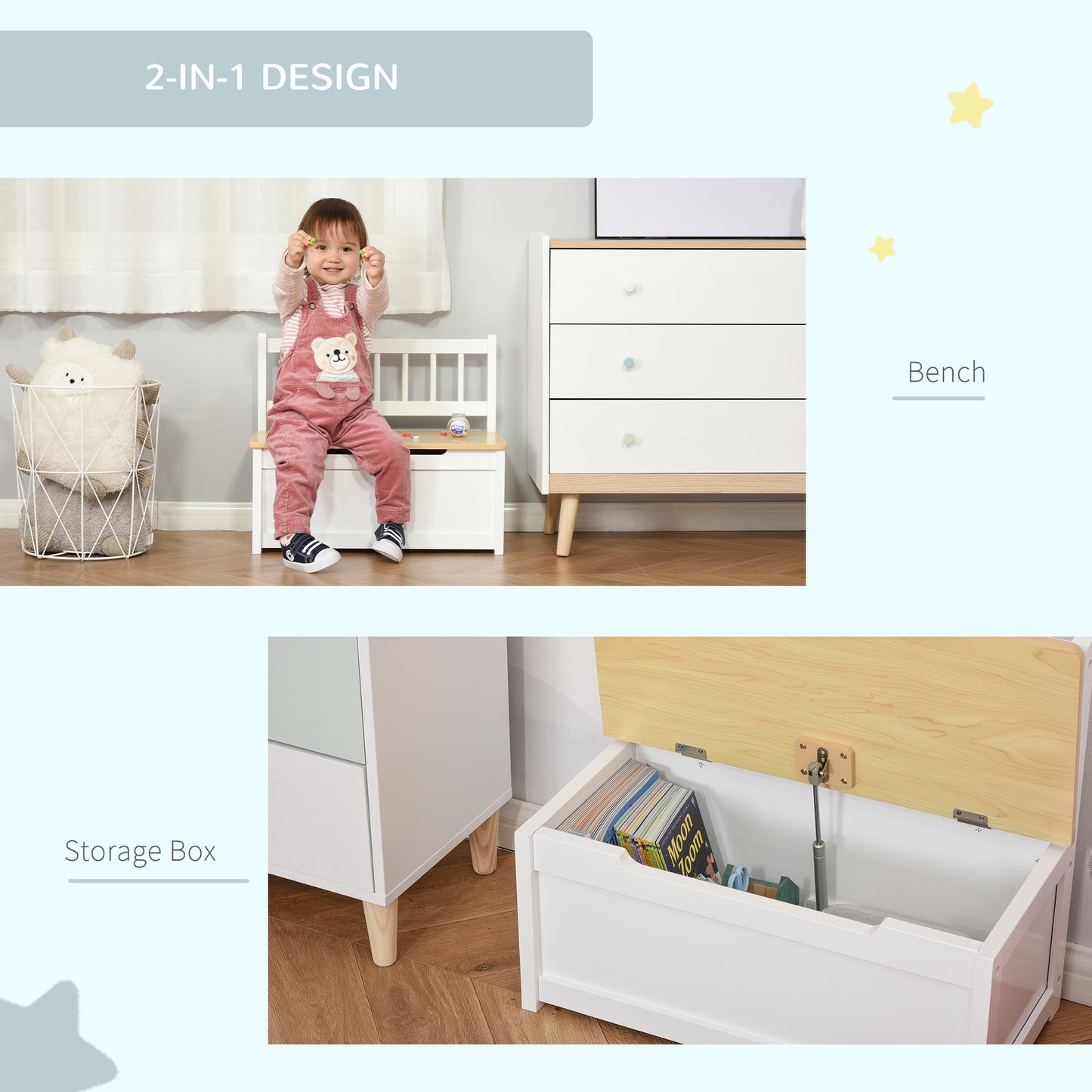 2 In 1 Wooden Toy Box, Seat Storage Bench (1)