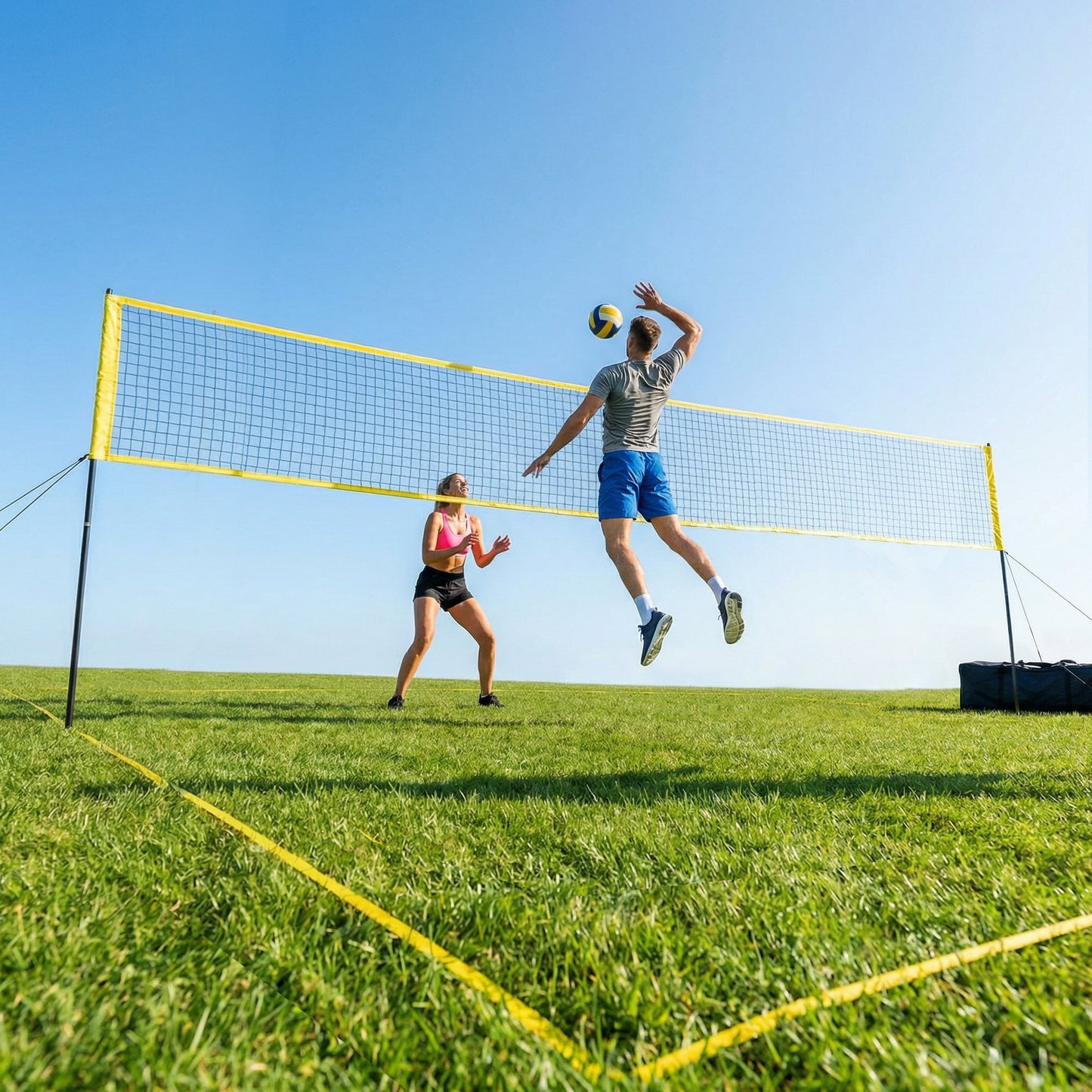 Portable Volleyball Net Set with Adjustable Height Steel Poles