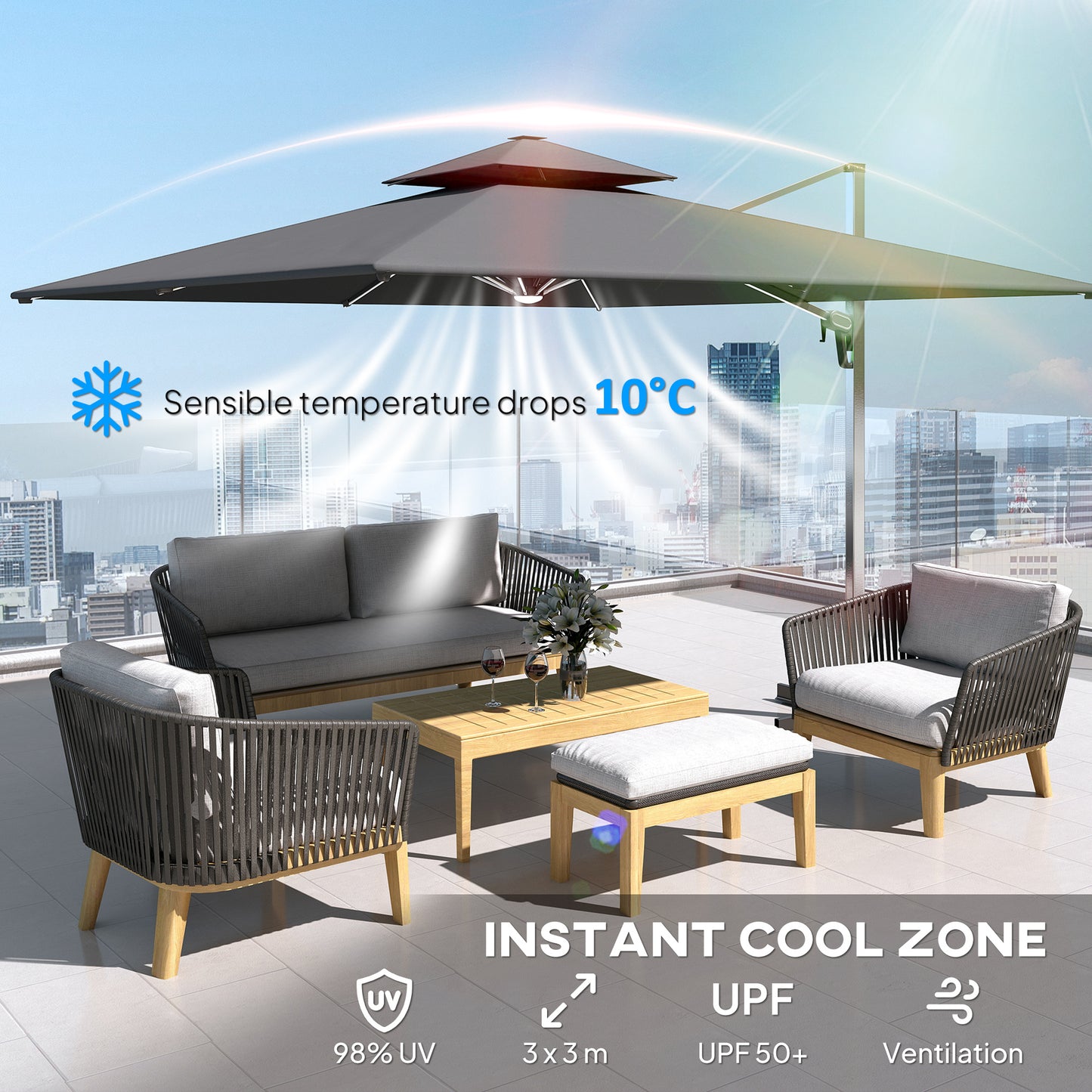 3(m) Garden Cantilever Parasol with Solar LED Lights, Cross Base