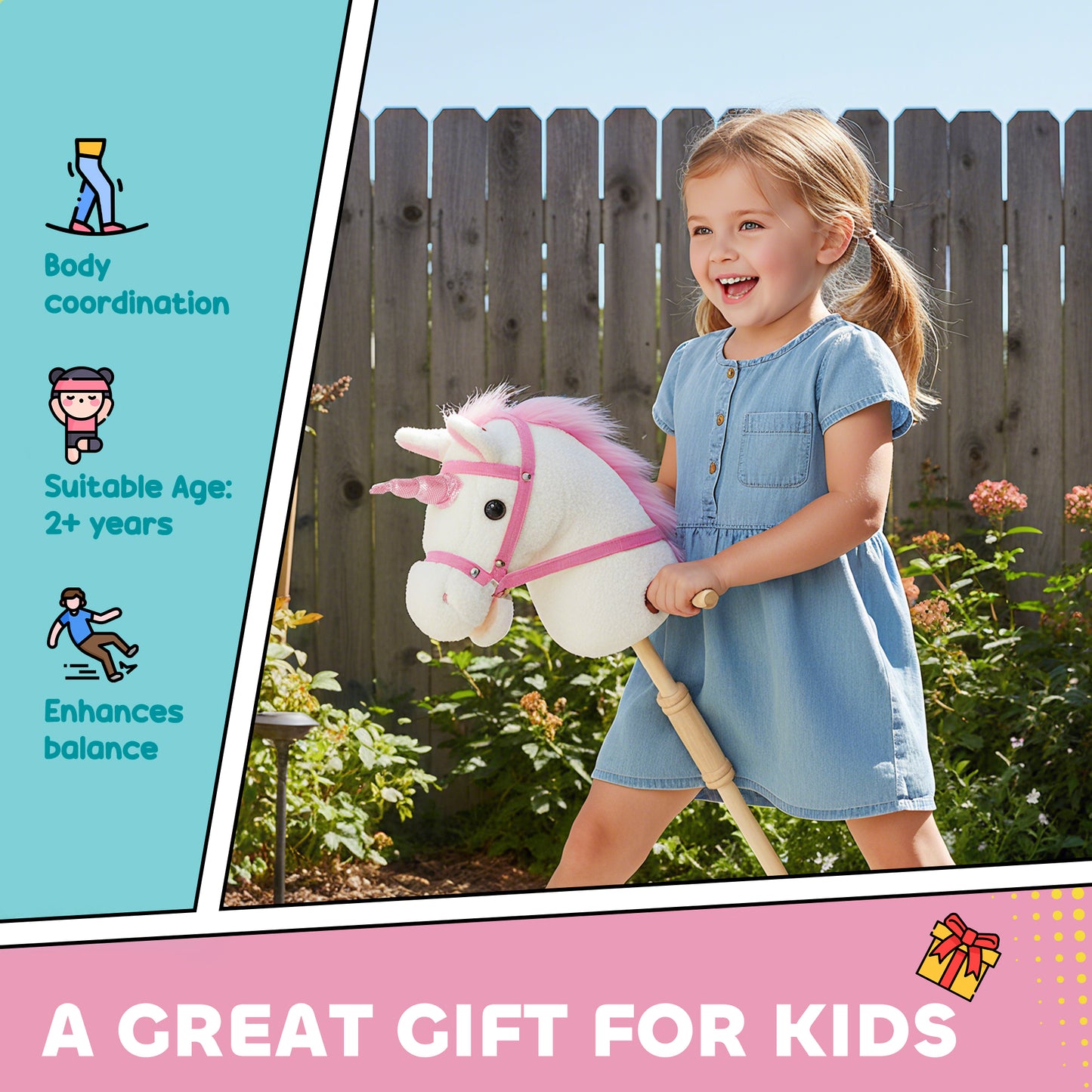 Unicorn Stick Horse with Wood Wheels