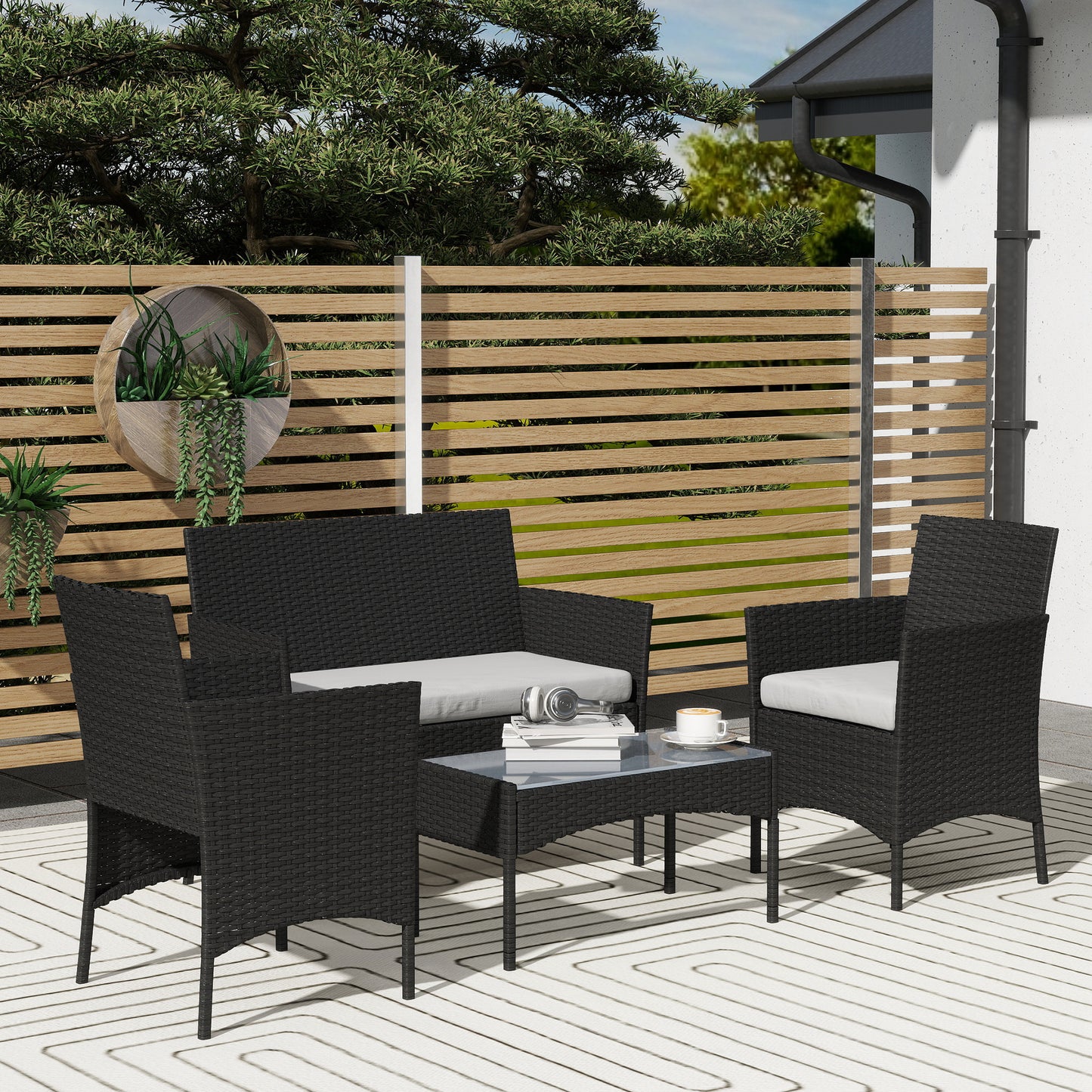 4 Piece Rattan Garden Furniture Sofa Set with Loveseat, Armchairs