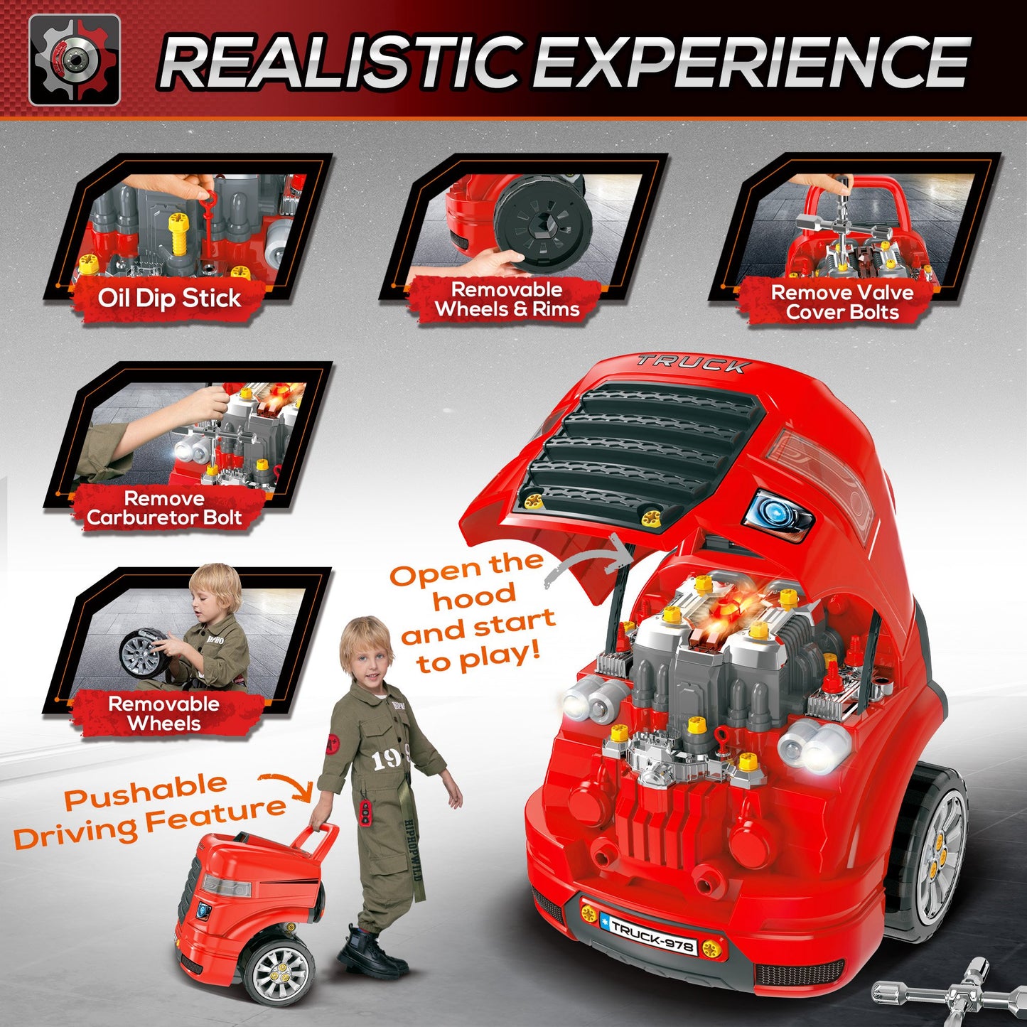 Kids Truck Engine Toy Set, Toddler Educational Car Service Station