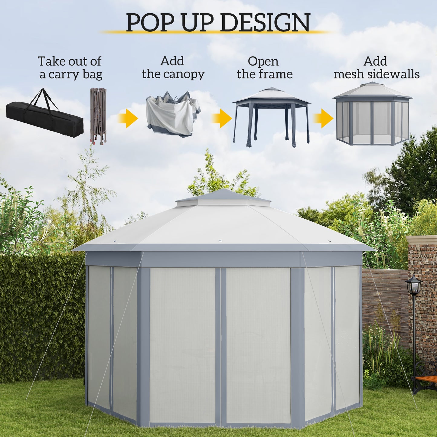 3 x 4m Metal Frame Hexagon Gazebo, with Curtains