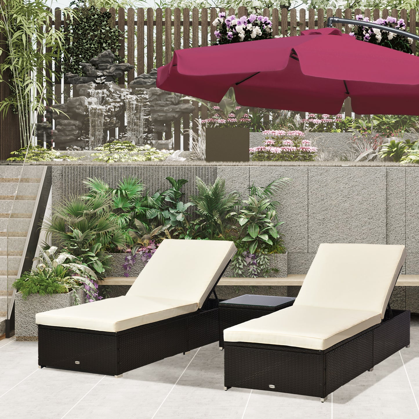 2-Seater Rattan Lounger Set-Deep Coffee/Cream