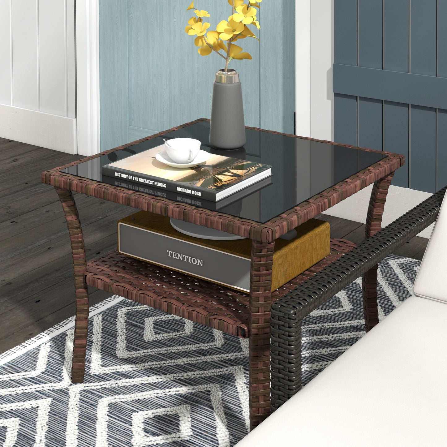 Two-tier PE Rattan Square Coffee Table