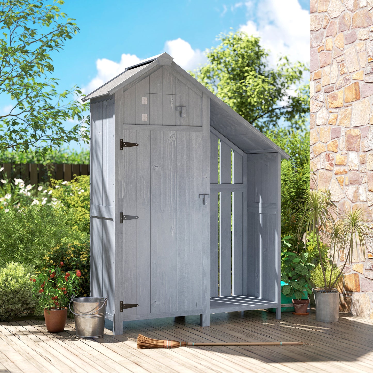 Garden Outdoor Storage Shed 3 Shelves Tilt Roof w/ Firewood Rack