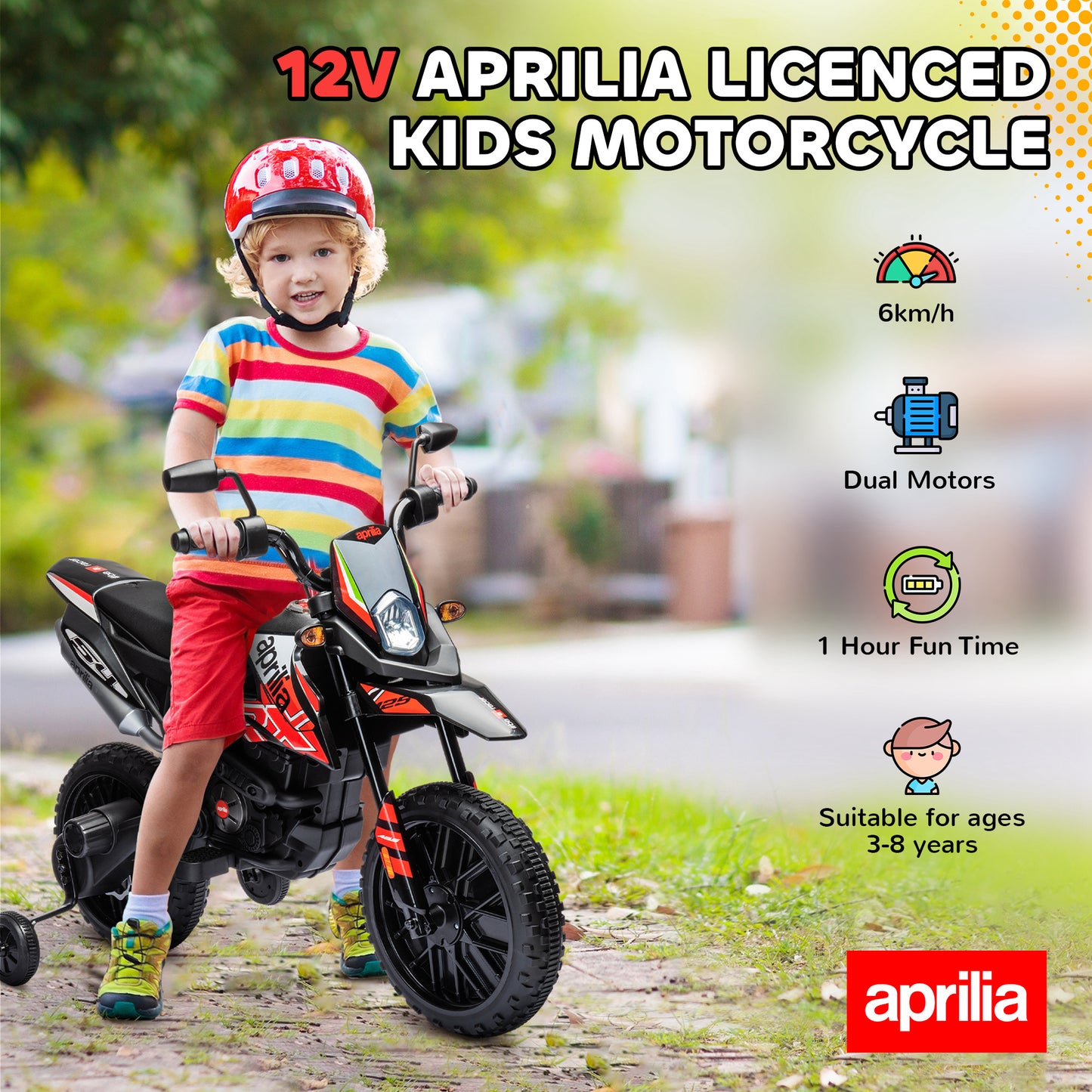 12V Aprilia Licensed Kids Motorbike with Training Wheels (1)