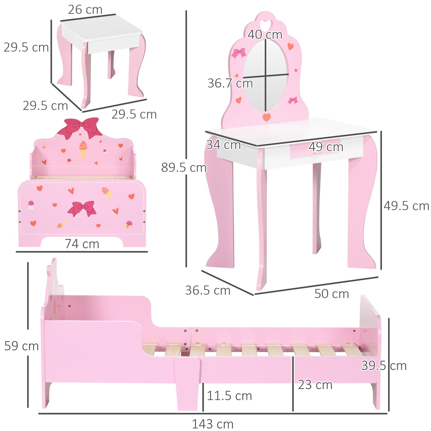 3PCs Kids Bedroom Furniture Set with Bed, Dressing Table and Stool