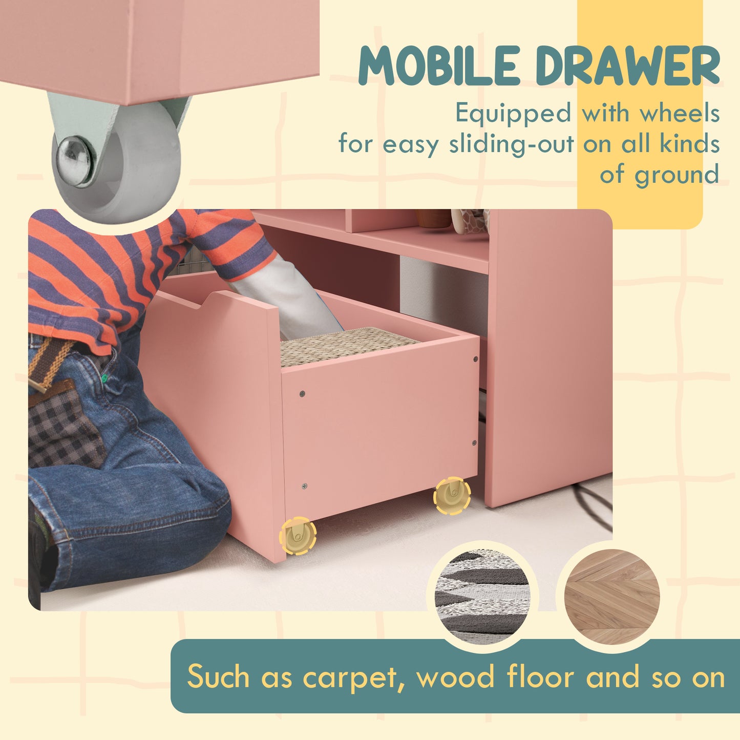 Kids Bookshelf, Toy Organiser, with Storage Drawer, Wheels