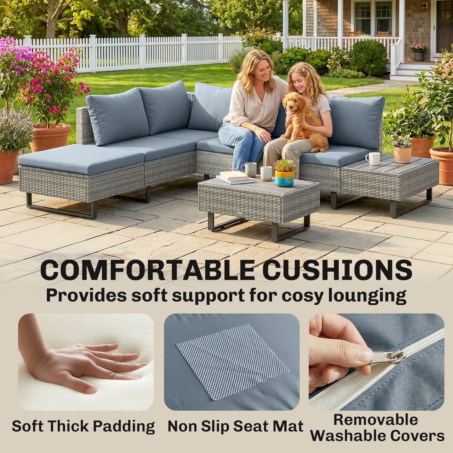 5 Seater Rattan Garden Furniture Set, L Shaped Garden Corner Sofa