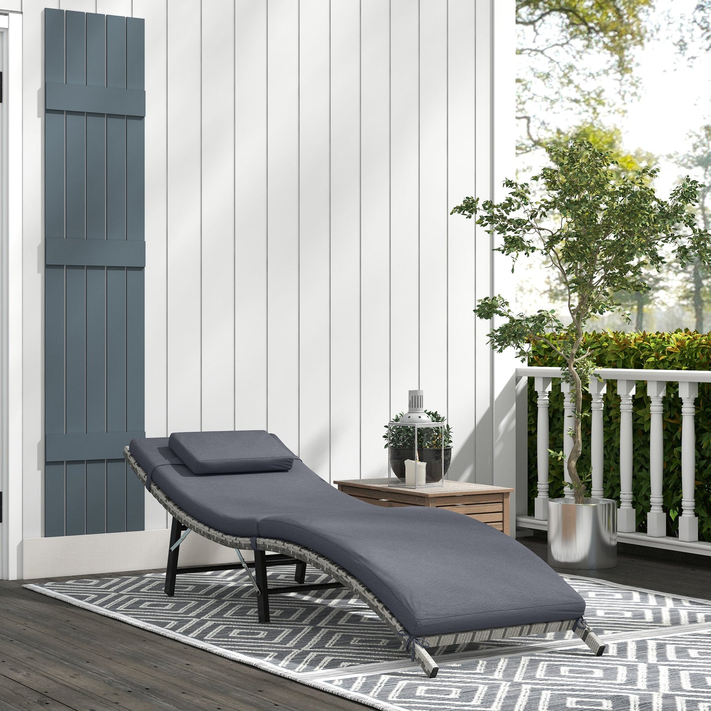 Rattan Folding Sun Lounger Outdoor Chair with Cushion and Pillow