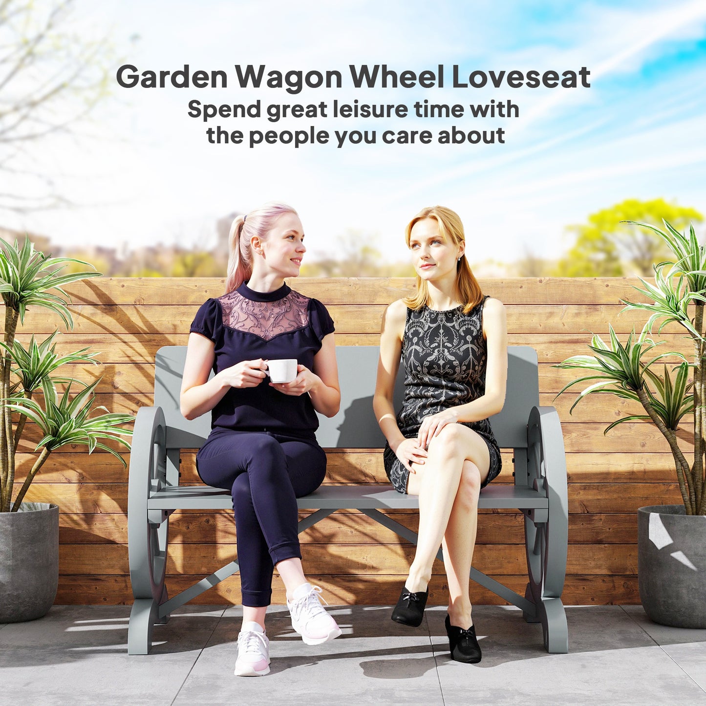 Fir Wood 2-Seater Outdoor Garden Wagon Wheel Bench