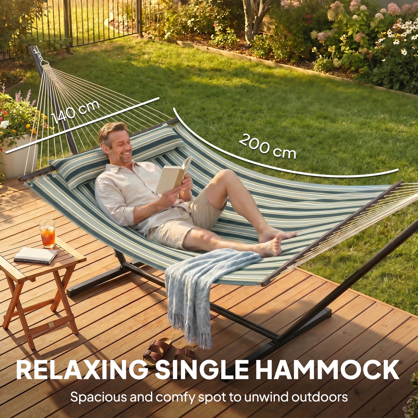 Outdoor Hammock with Stand Detachable Pillow Striped Swing Steel